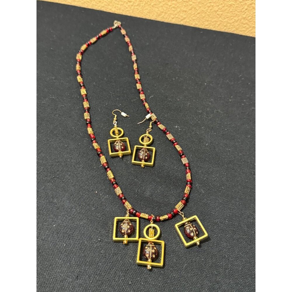 Handcrafted Ladybug Necklace & Earrings Set Red & Black Beaded With Gold Accent